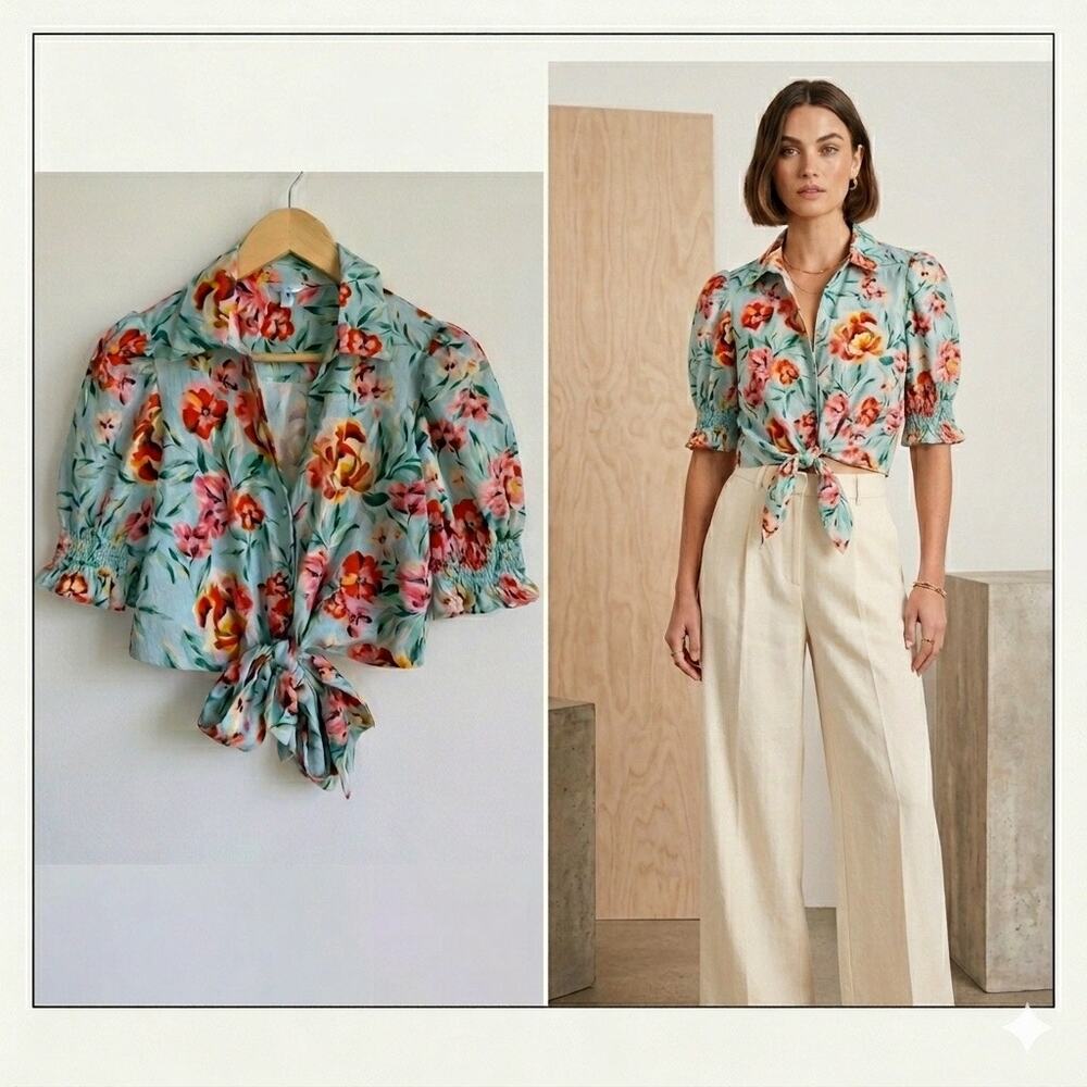 Guess Floral Crop Tie-Front Cottagecore Blouse Light Blue Puff Sleeve Size Small
